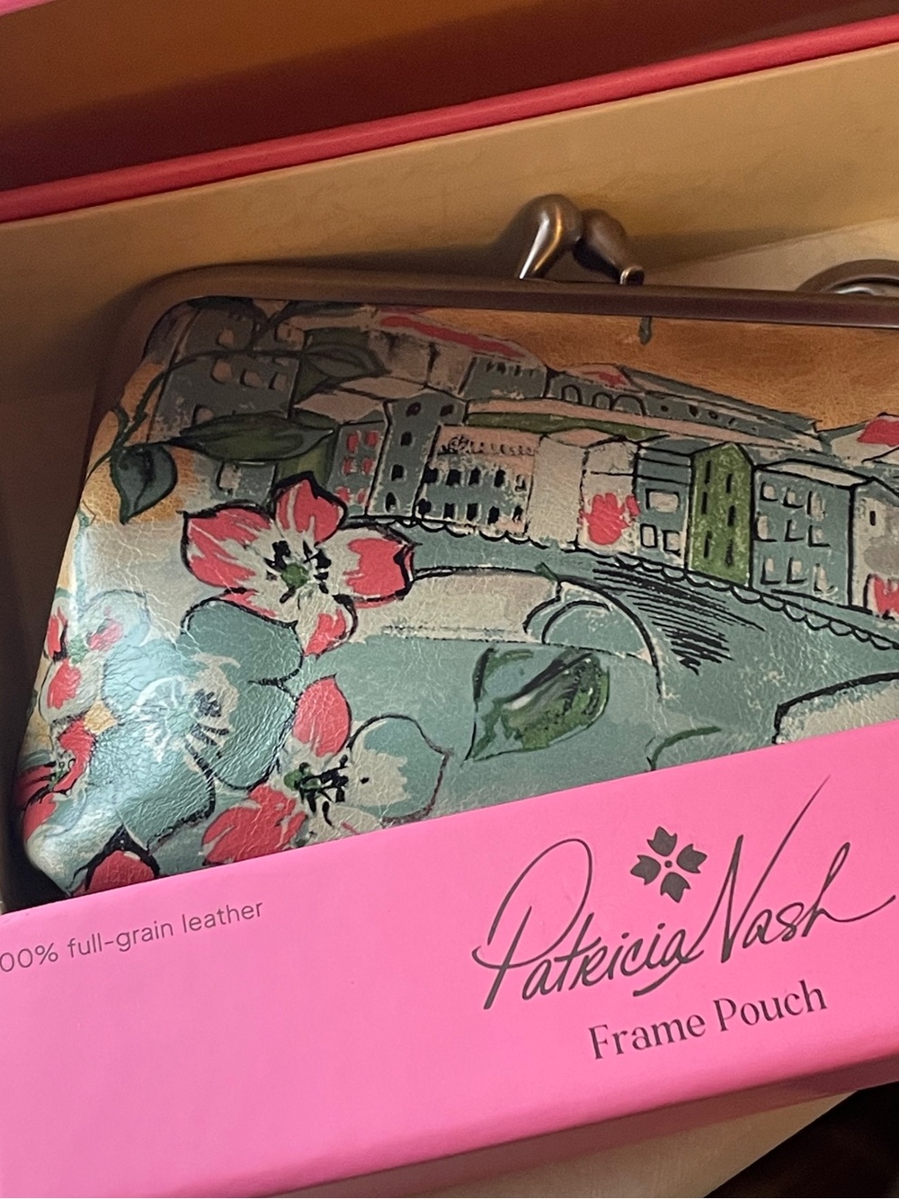 Patricia Nash Floral Leather Frame Pouch KISS Lock- Gold Green Pink NIB - Picture 8 of 8